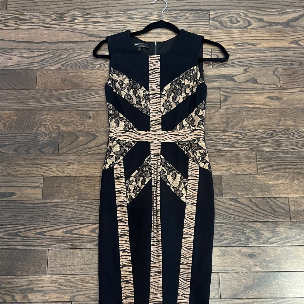 BCBG Black and Beige Lace Midi Dress